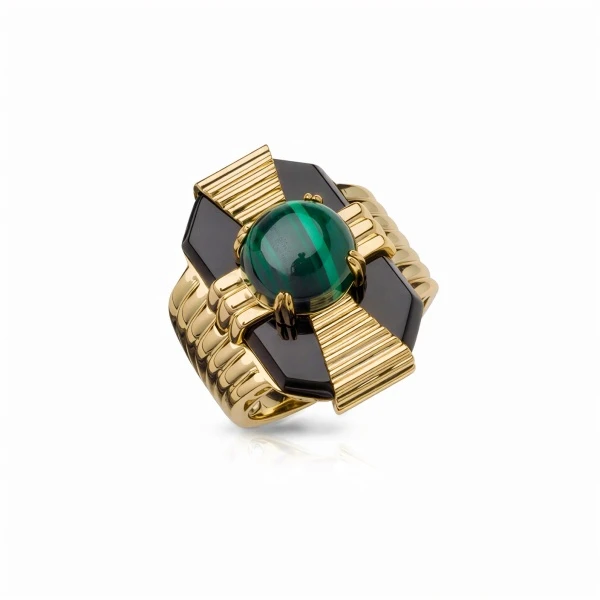 Кольцо  из серебра с лимонной позолотой с малахитом